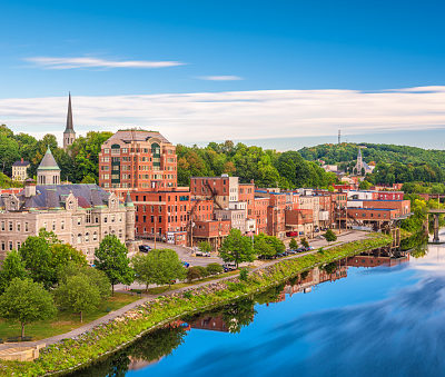 Augusta, Maine, USA skyline on the river.